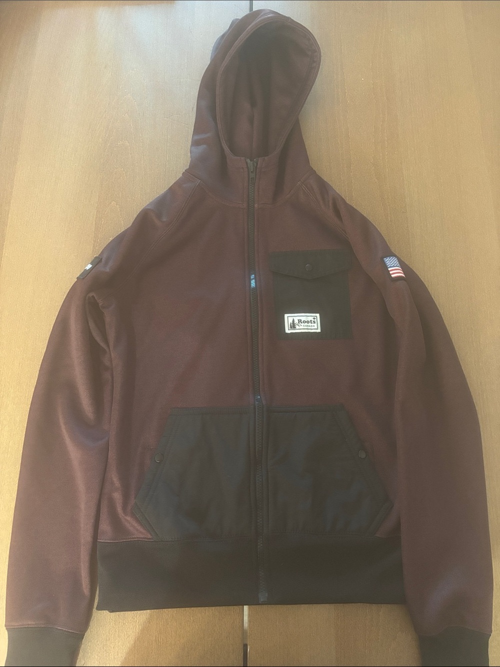 Roots Maroon and Black Hooded Zip Bomber Jacket